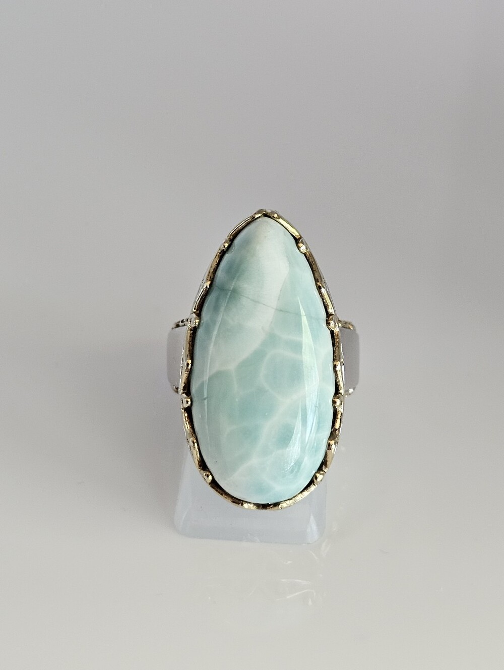 Genuine AAA Larimar Palladium Sterling Silver & 18K Yellow Gold Ring. Size 9!